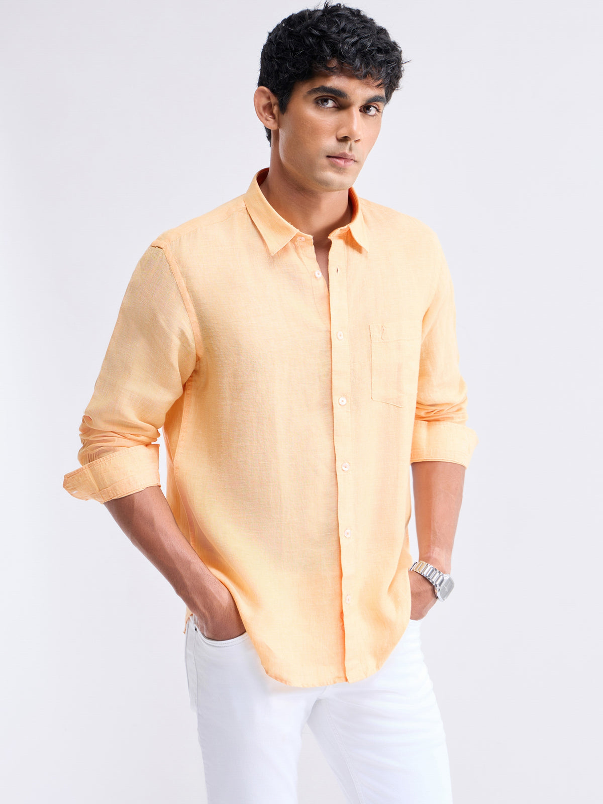 Solid Full Sleeve Linen Shirt - Mustard t4option_2
