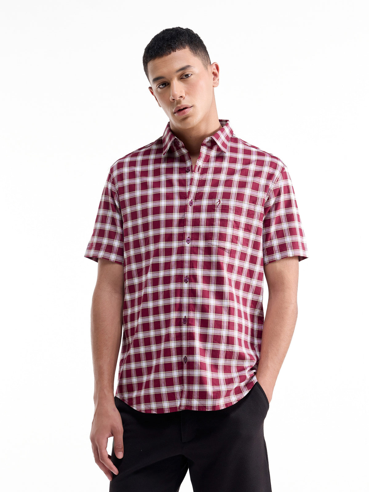 Check Half Sleeve Cotton Shirt - Maroon t4option_0