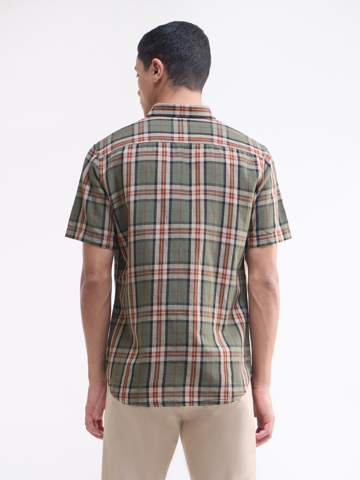 Check Half Sleeve Cotton Linen Shirt - Olive t4option_0