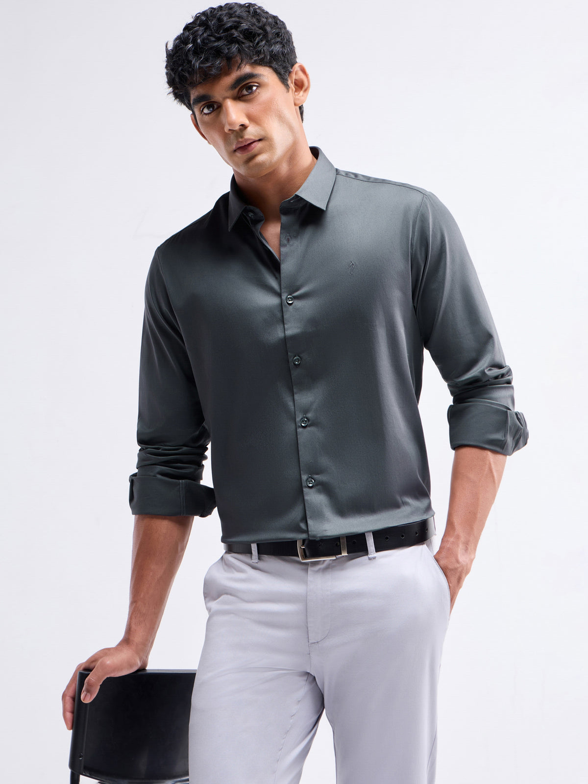 Solid Full Sleeve Cotton Stretch Shirt - Dk Grey t4option_0