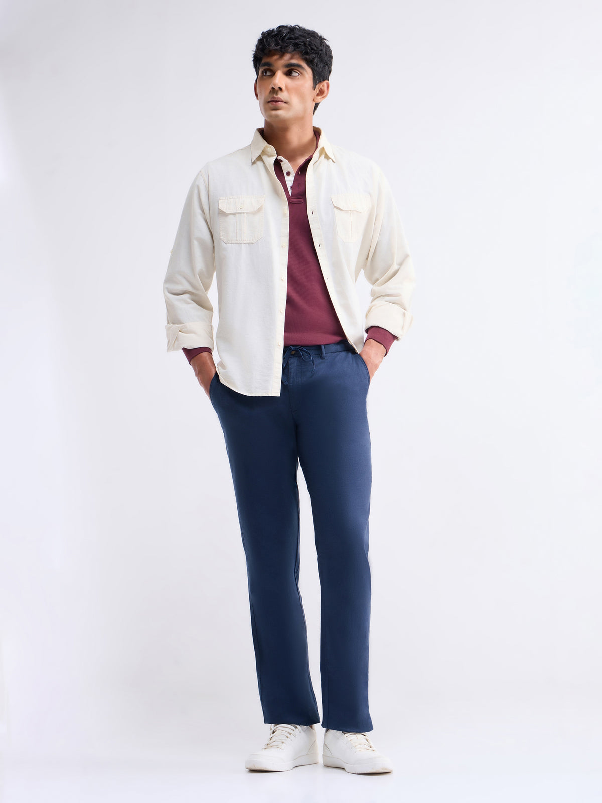 Regular Fit Cotton Linen Trouser - Navy t4option_1