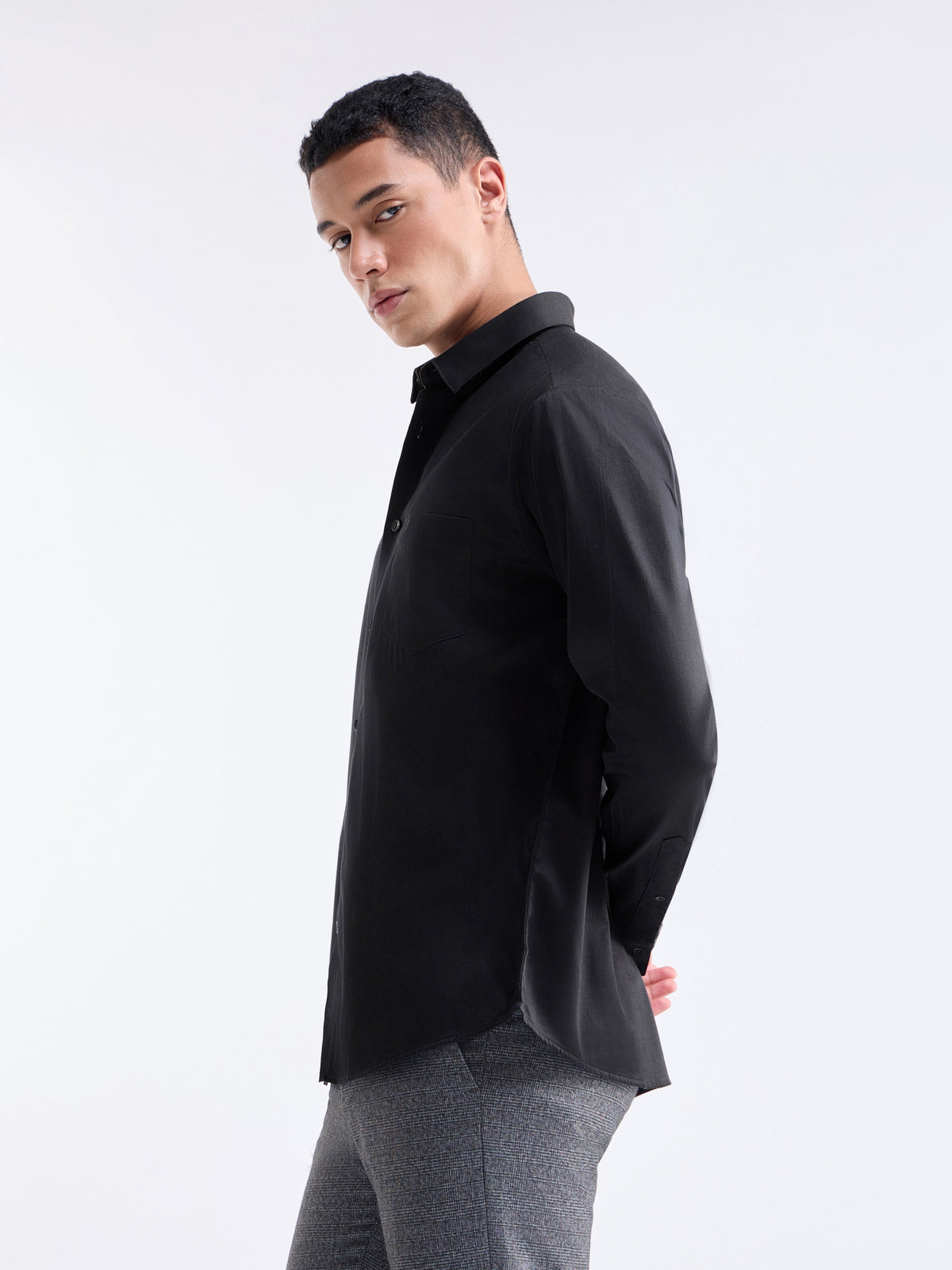 Solid Full Sleeve Cotton Stretch Shirt - Black t4option_2