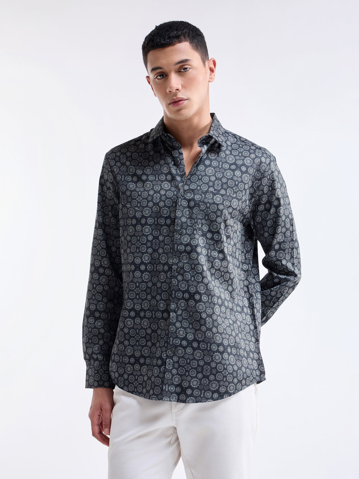 Printed Full Sleeve Cotton Shirt - Grey t4option_0