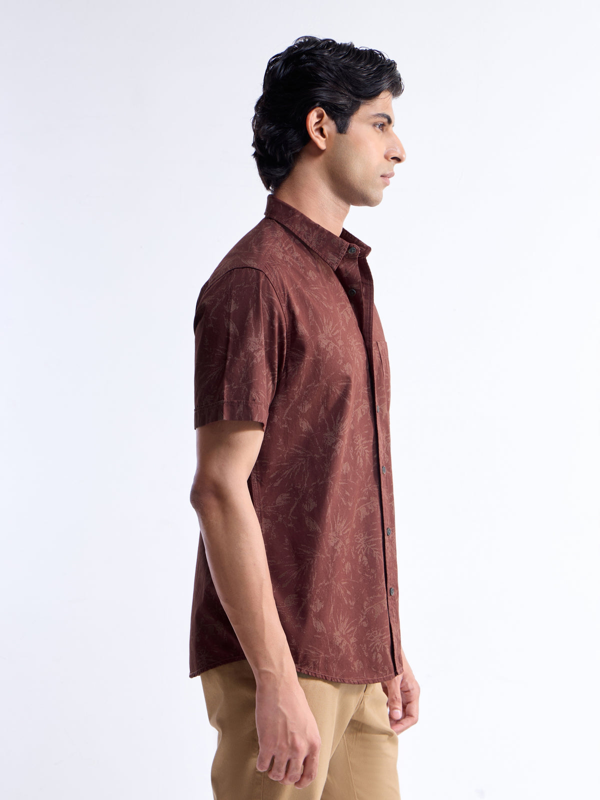 Printed Half Sleeve Cotton Shirt - Brown t4option_1