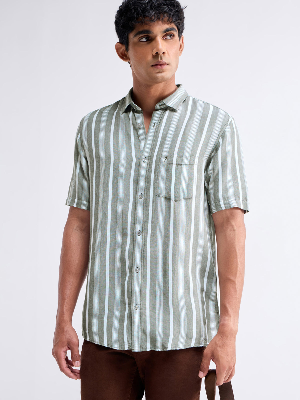 Striped Half Sleeve Viscose Linen Shirt - Sap t4option_0
