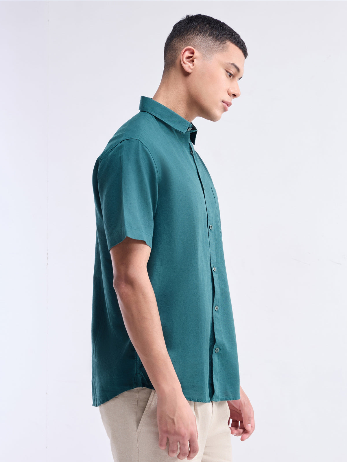 Solid Half Sleeve Cotton Linen Shirt - Pine t4option_2