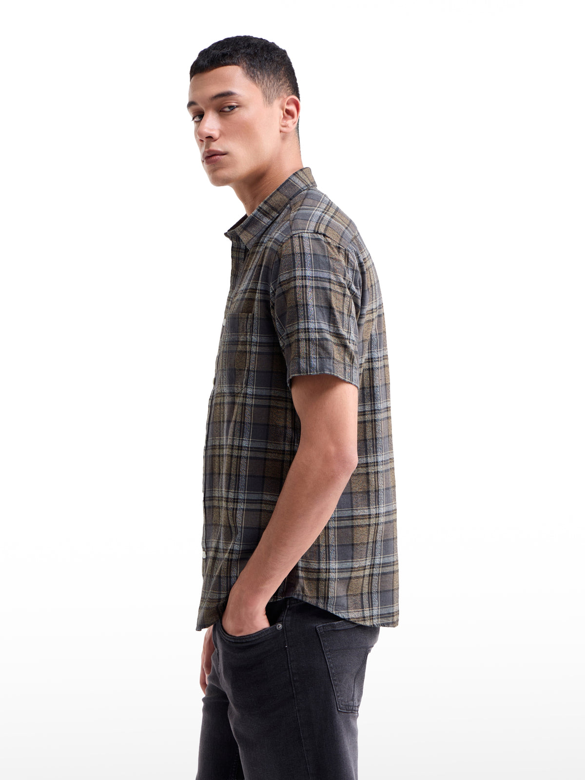 Check Half Sleeve Cotton Shirt - Brown t4option_0