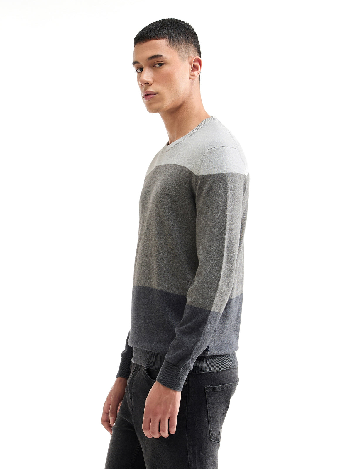 Striped Full Sleeve Jumper Sweater - Black t4option_0
