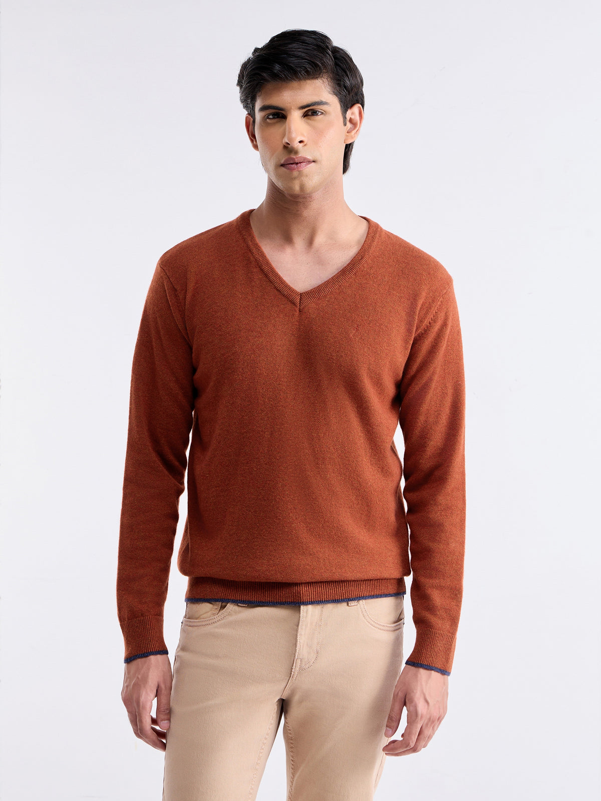 Solid Full Sleeve Crew Neck Sweater - Rust t4option_1
