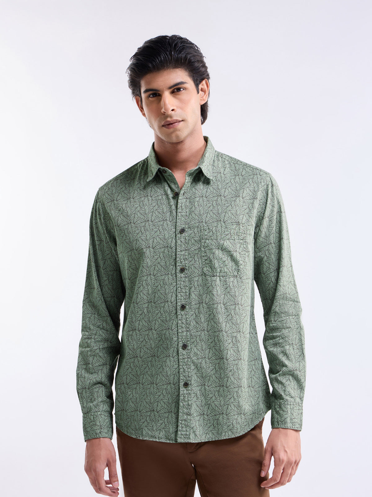 Printed Full Sleeve Cotton Shirt - Olive t4option_1
