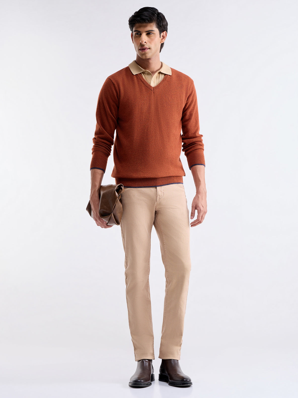 Solid Full Sleeve Crew Neck Sweater - Rust t4option_1