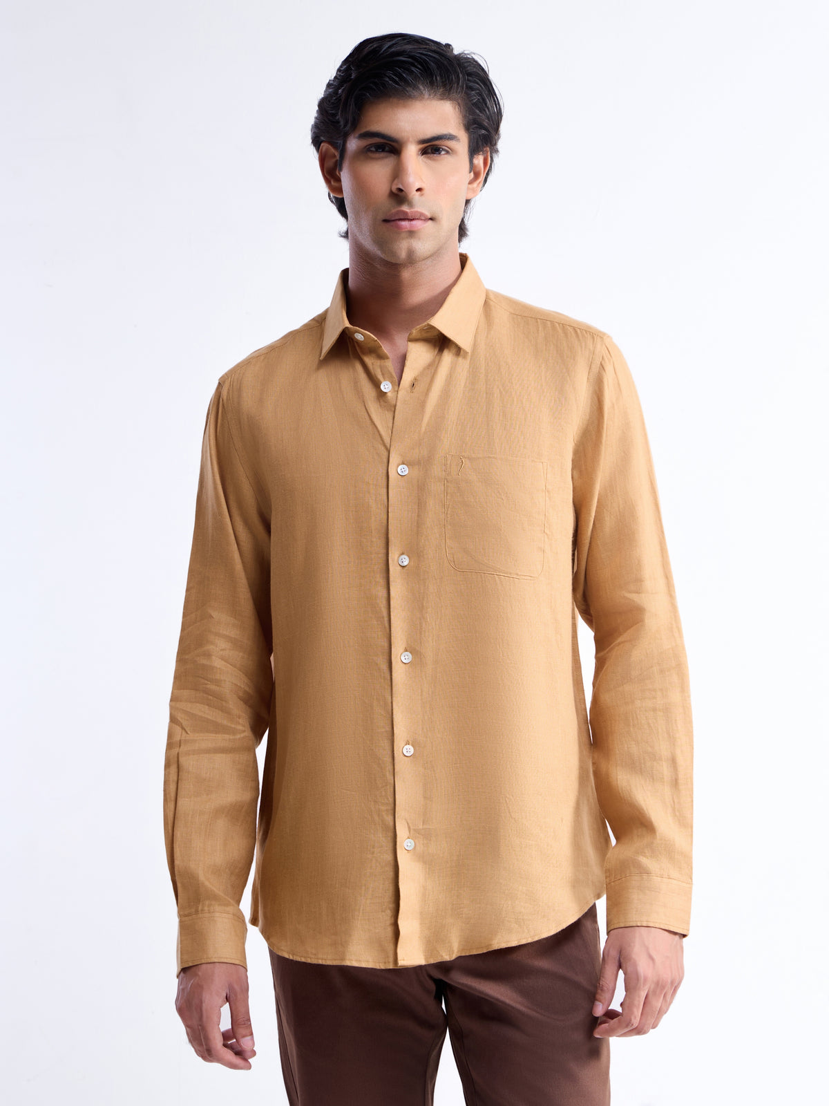 Solid Full Sleeve Linen Shirt - Tan t4option_0