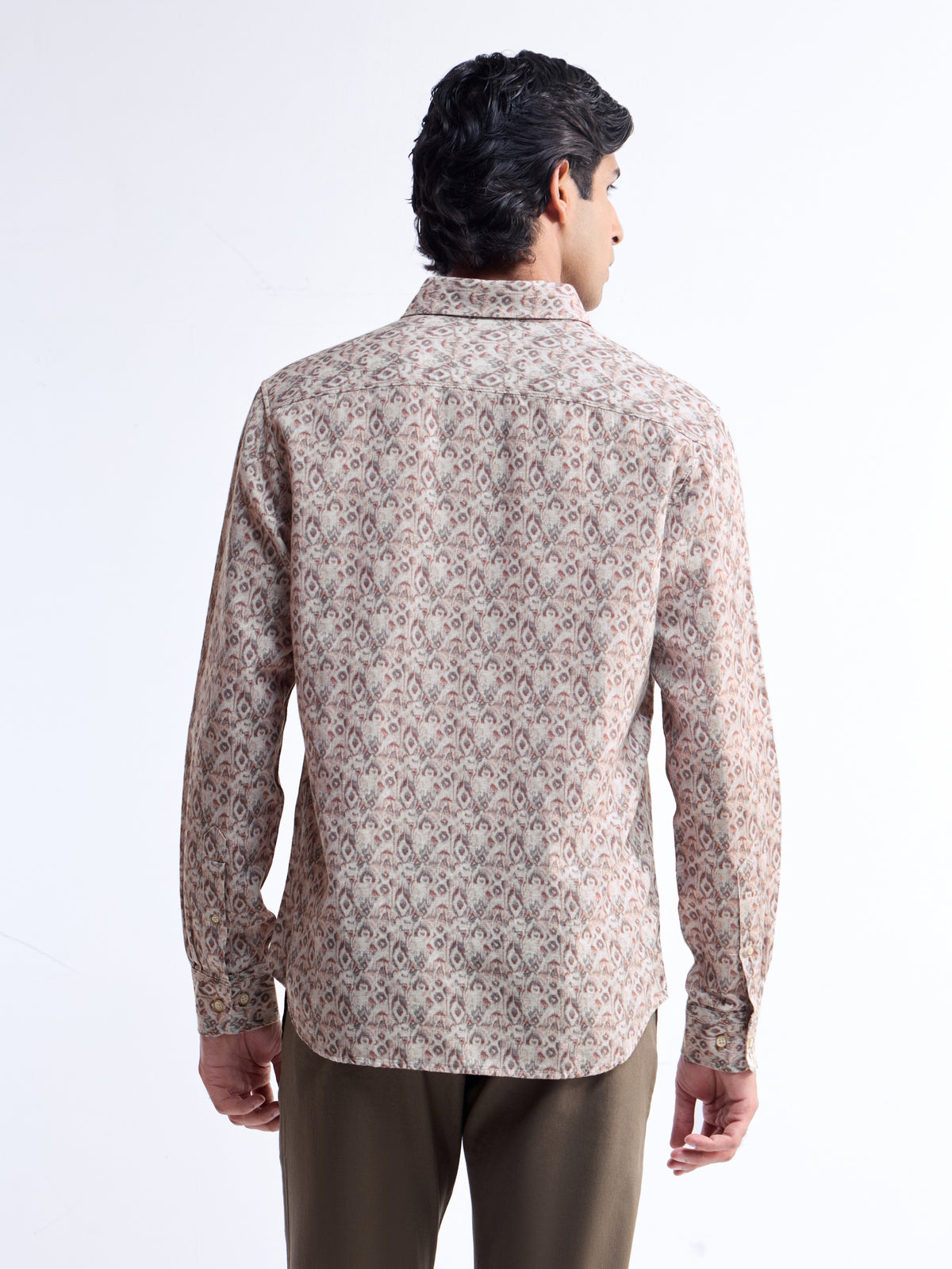Printed Full Sleeve Cotton Linen Shirt - Khaki t4option_0
