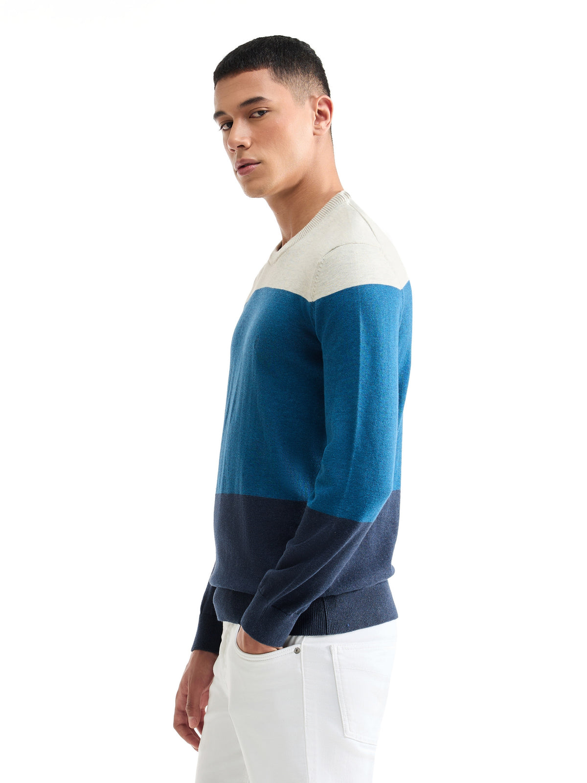 Striped Full Sleeve Jumper Sweater - Blue t4option_1