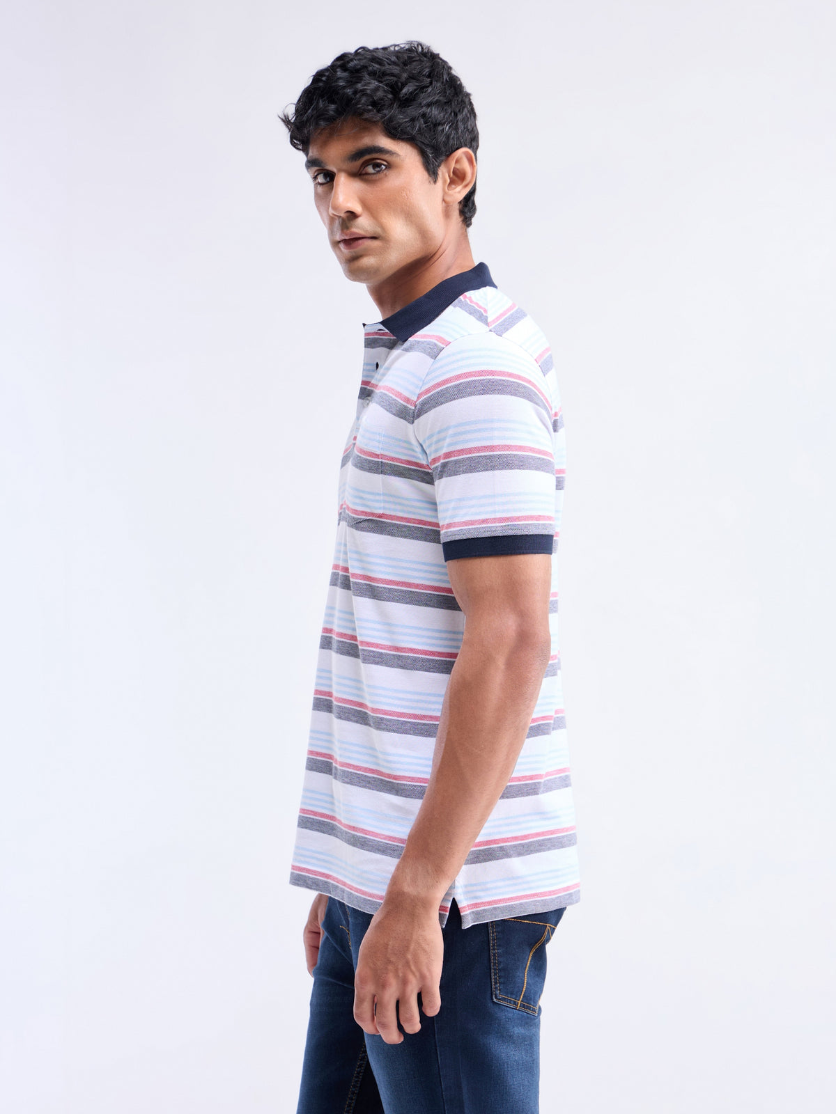 Striped Half Sleeve Regular Fit Polo T-Shirt - Dark Navy t4option_0