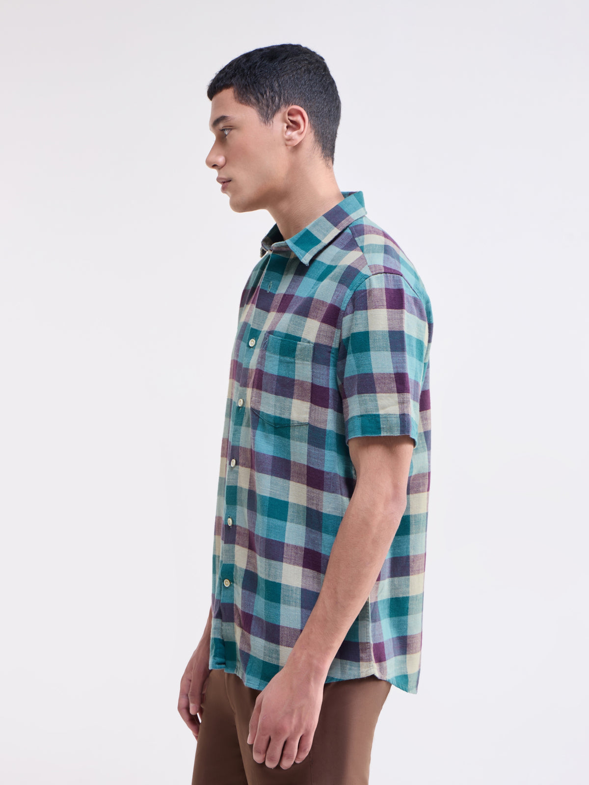 Check Half Sleeve Cotton Shirt - Teal t4option_1