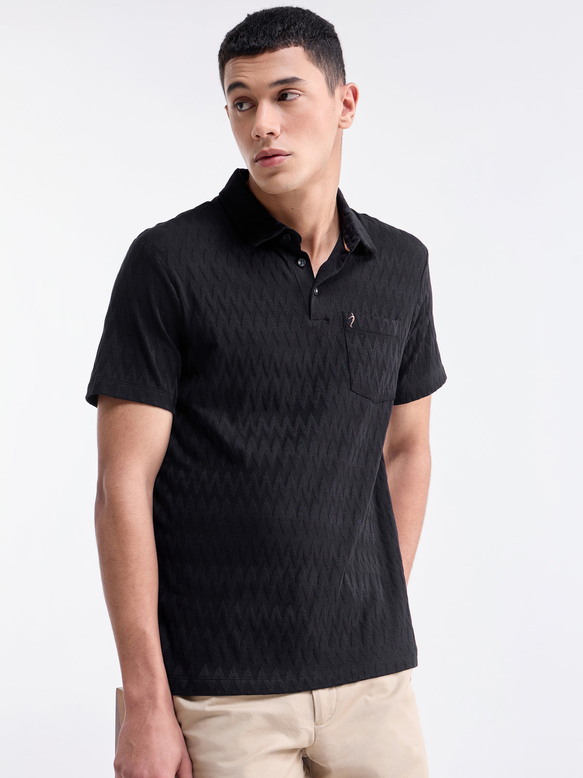 Jacquard Half Sleeve Regular Fit Polo T-Shirt - Black t4option_0