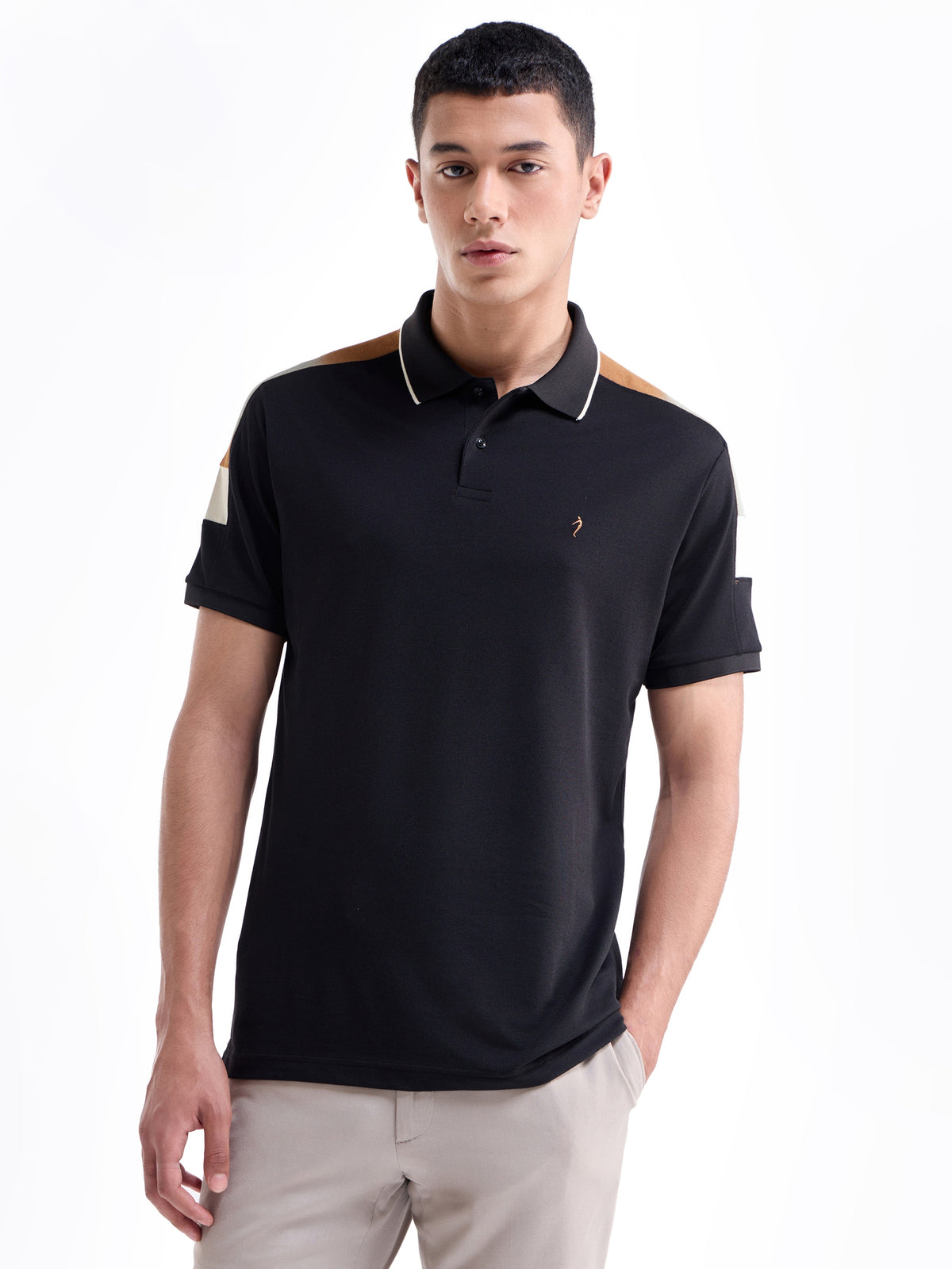Colour Block Half Sleeve Regular Fit Polo T-Shirt - Black t4option_0