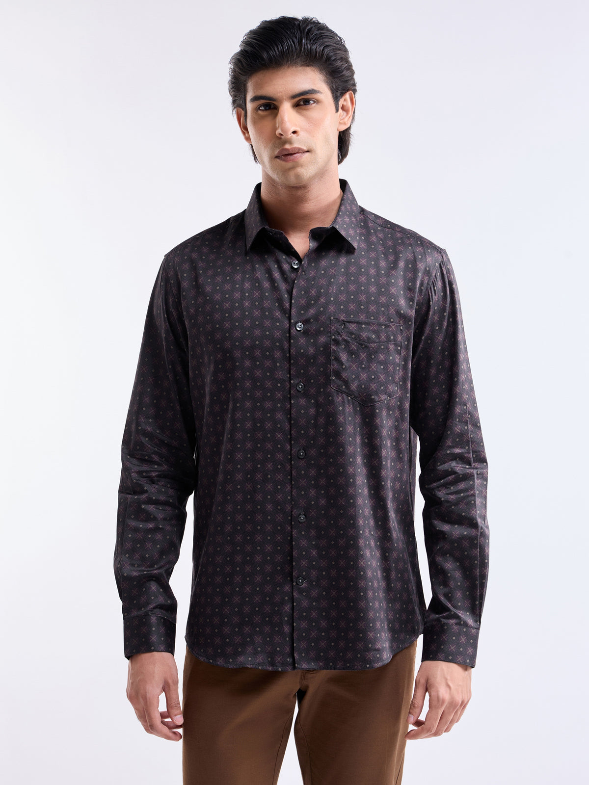Printed Full Sleeve Cotton Shirt - Choco t4option_0