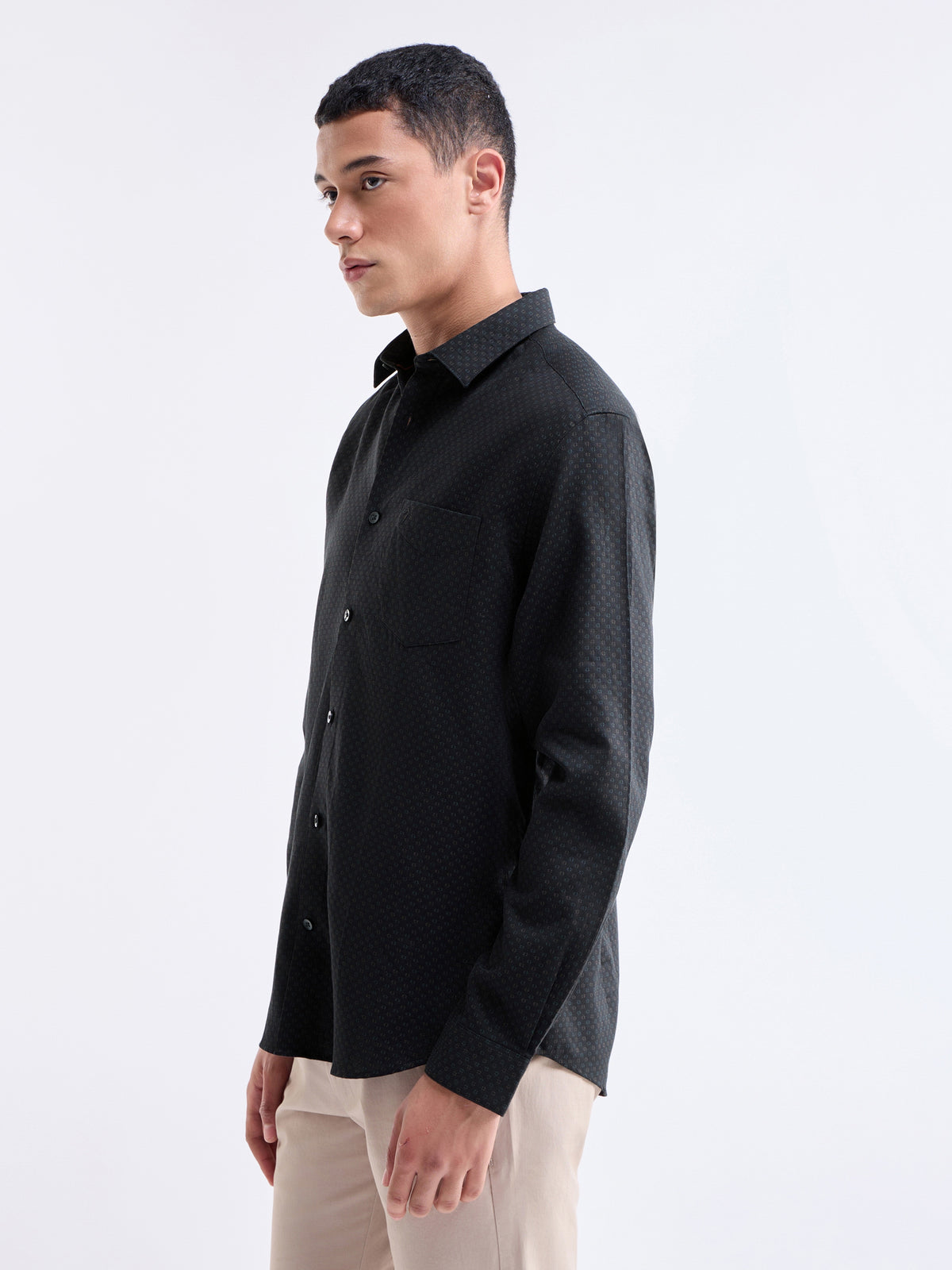Jacquard Full Sleeve Cotton Shirt - Black t4option_0