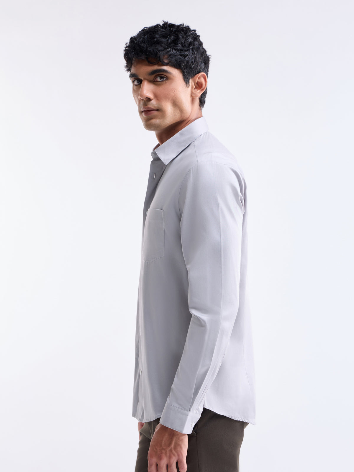 Solid Full Sleeve Cotton Stretch Shirt - Light Grey t4option_0