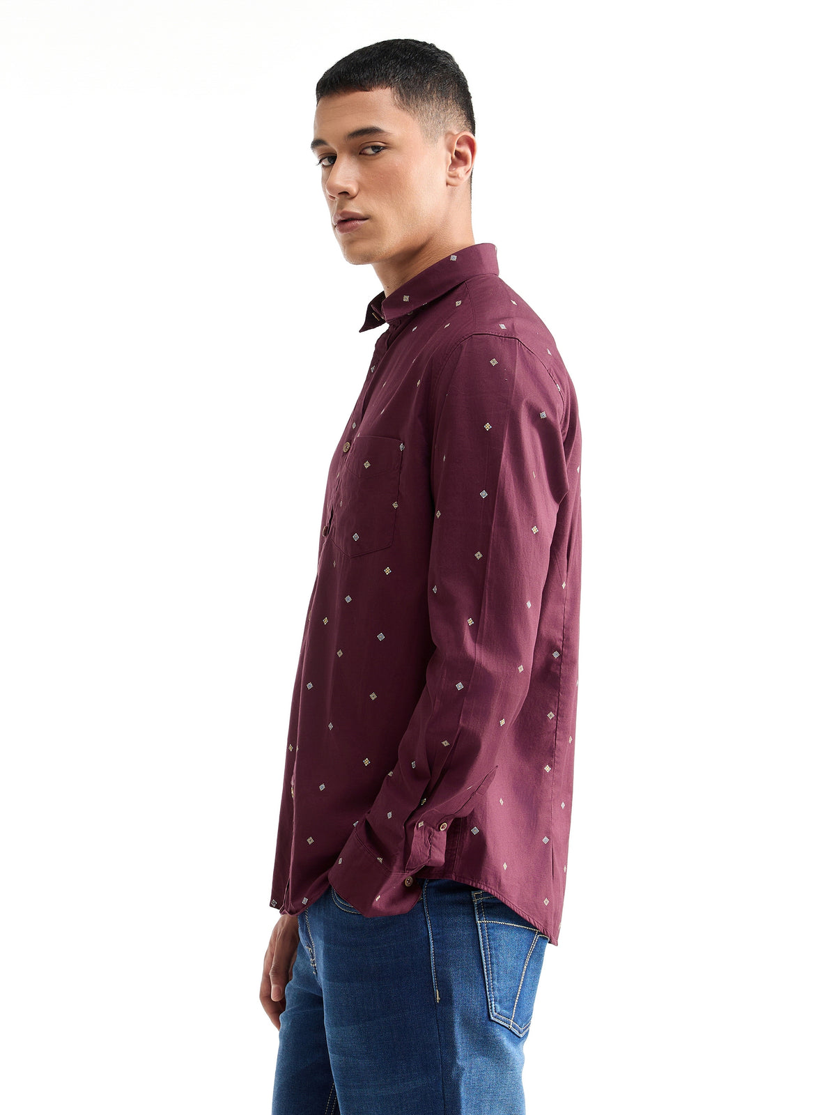 Printed Full Sleeve Cotton Shirt - Maroon t4option_0