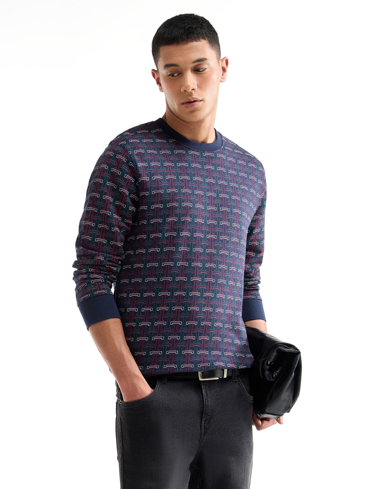 Printed Crew Neck Sweatshirt - Peacoat t4option_0