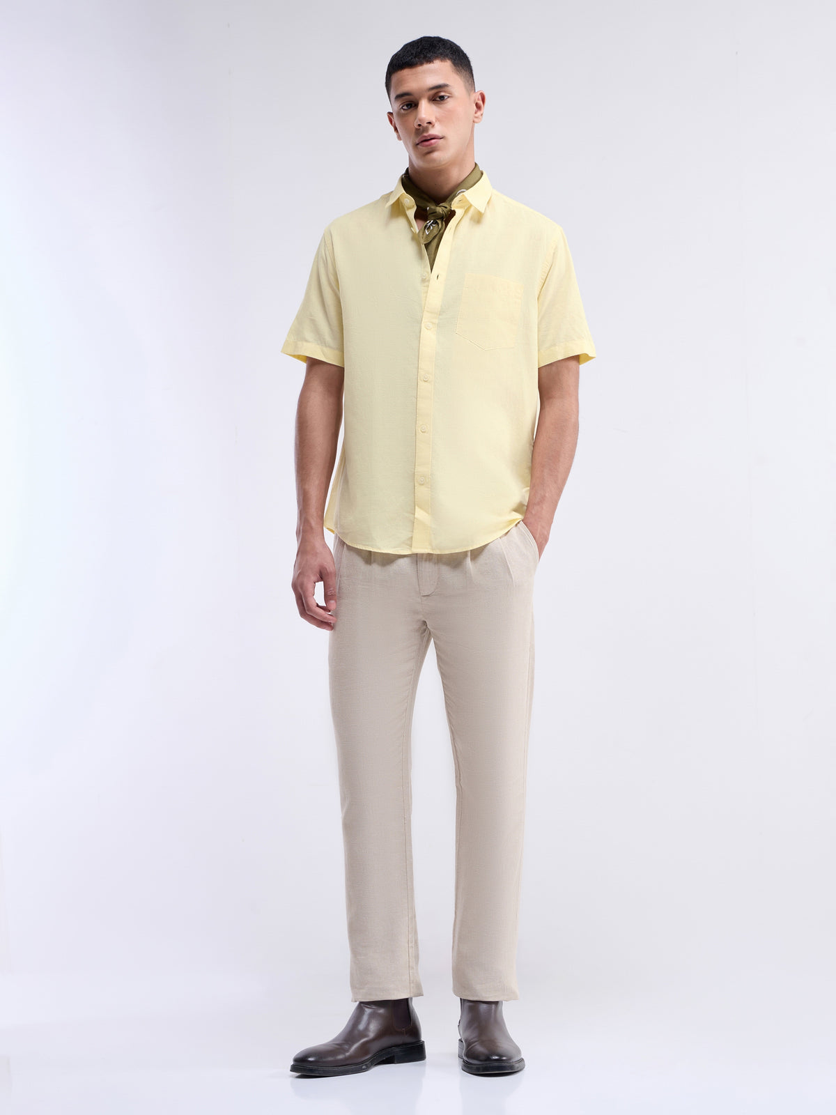 Solid Half Sleeve Cotton Blend Shirt - Yellow t4option_0