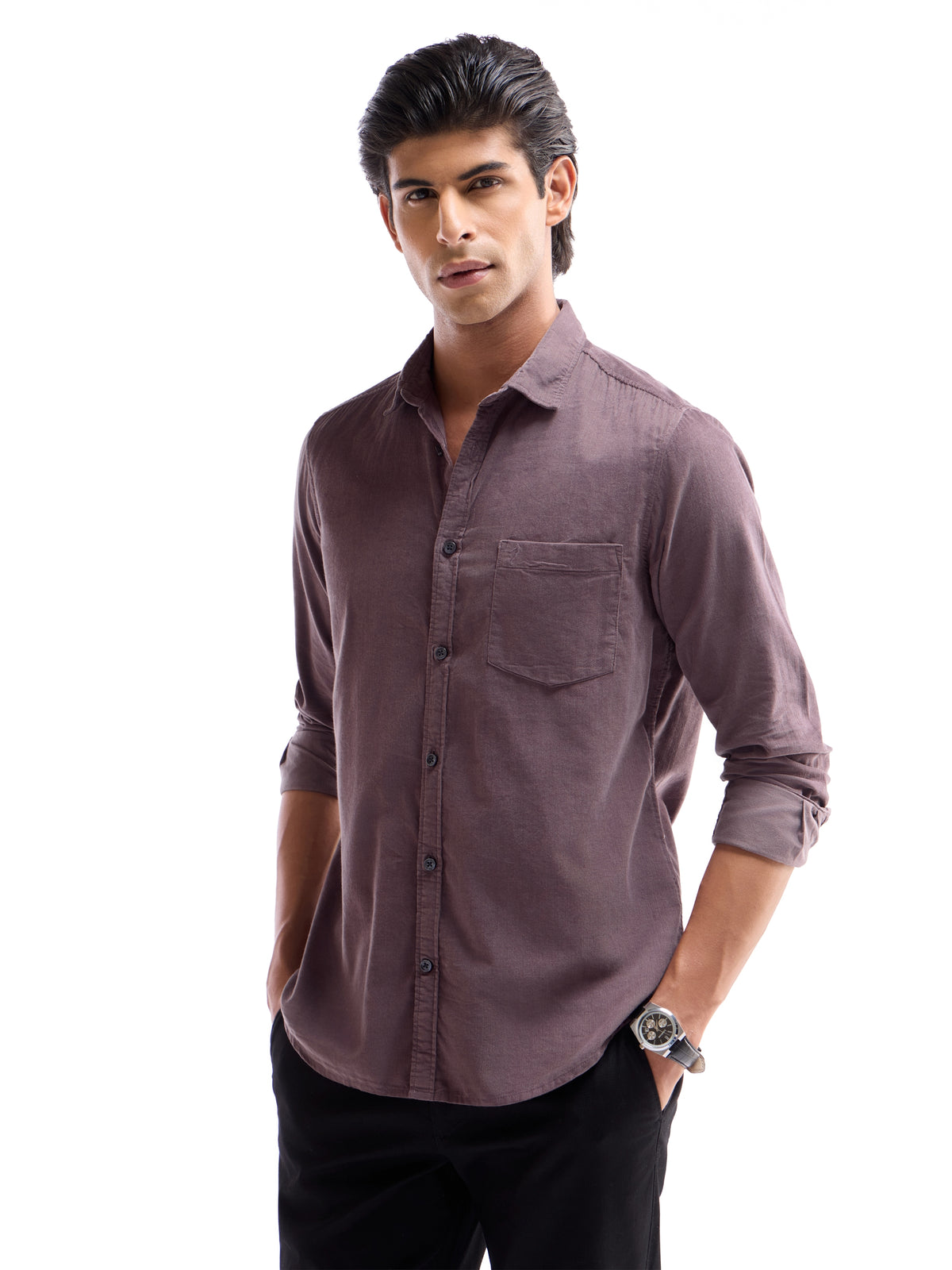 Solid Full Sleeve Cotton Tencel Shirt - Purple t4option_6