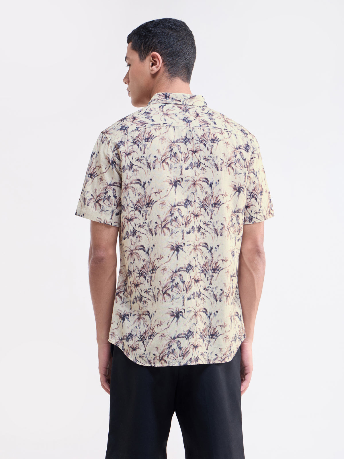 Printed Half Sleeve Cotton Linen Shirt - Choco t4option_0