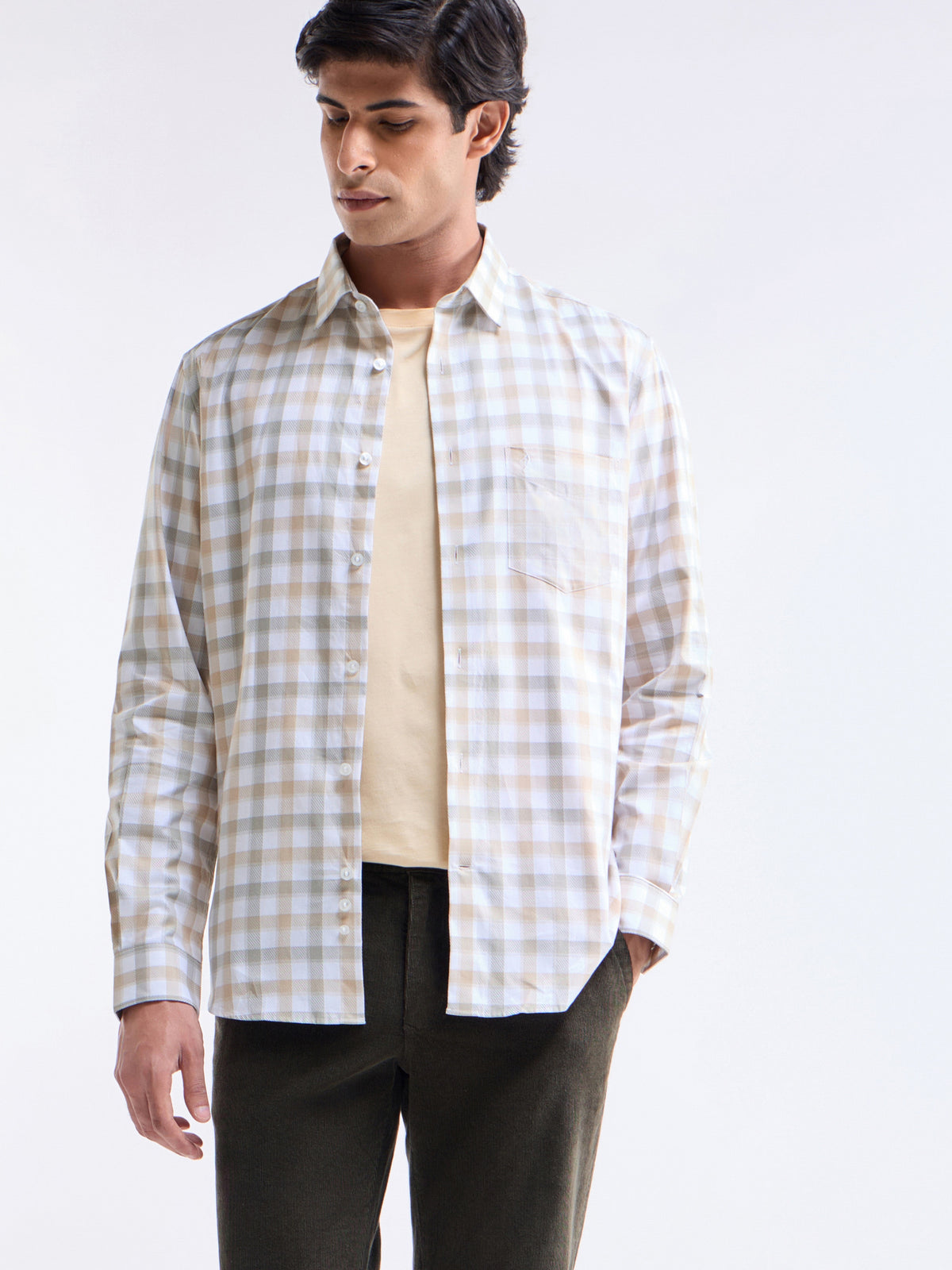 Check Full Sleeve Cotton Shirt - Khaki t4option_0