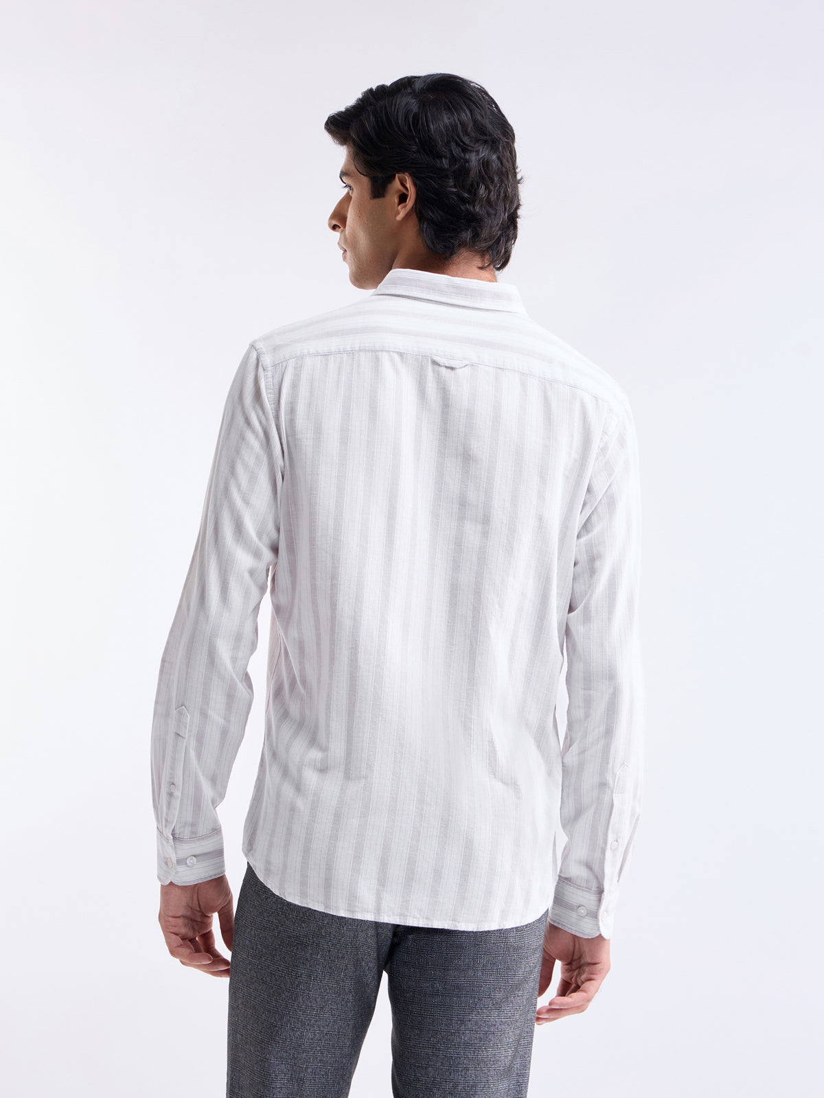 Striped Full Sleeve Cotton Shirt - White t4option_0