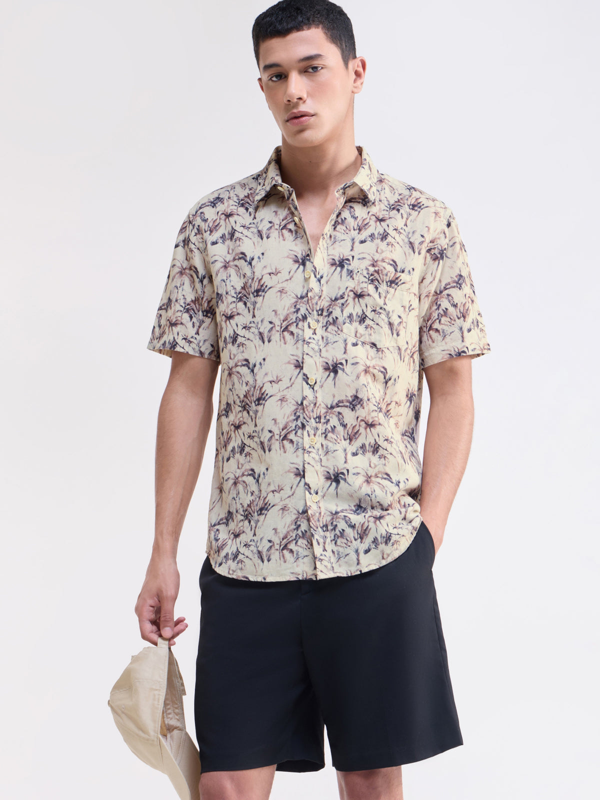 Printed Half Sleeve Cotton Linen Shirt - Choco t4option_0