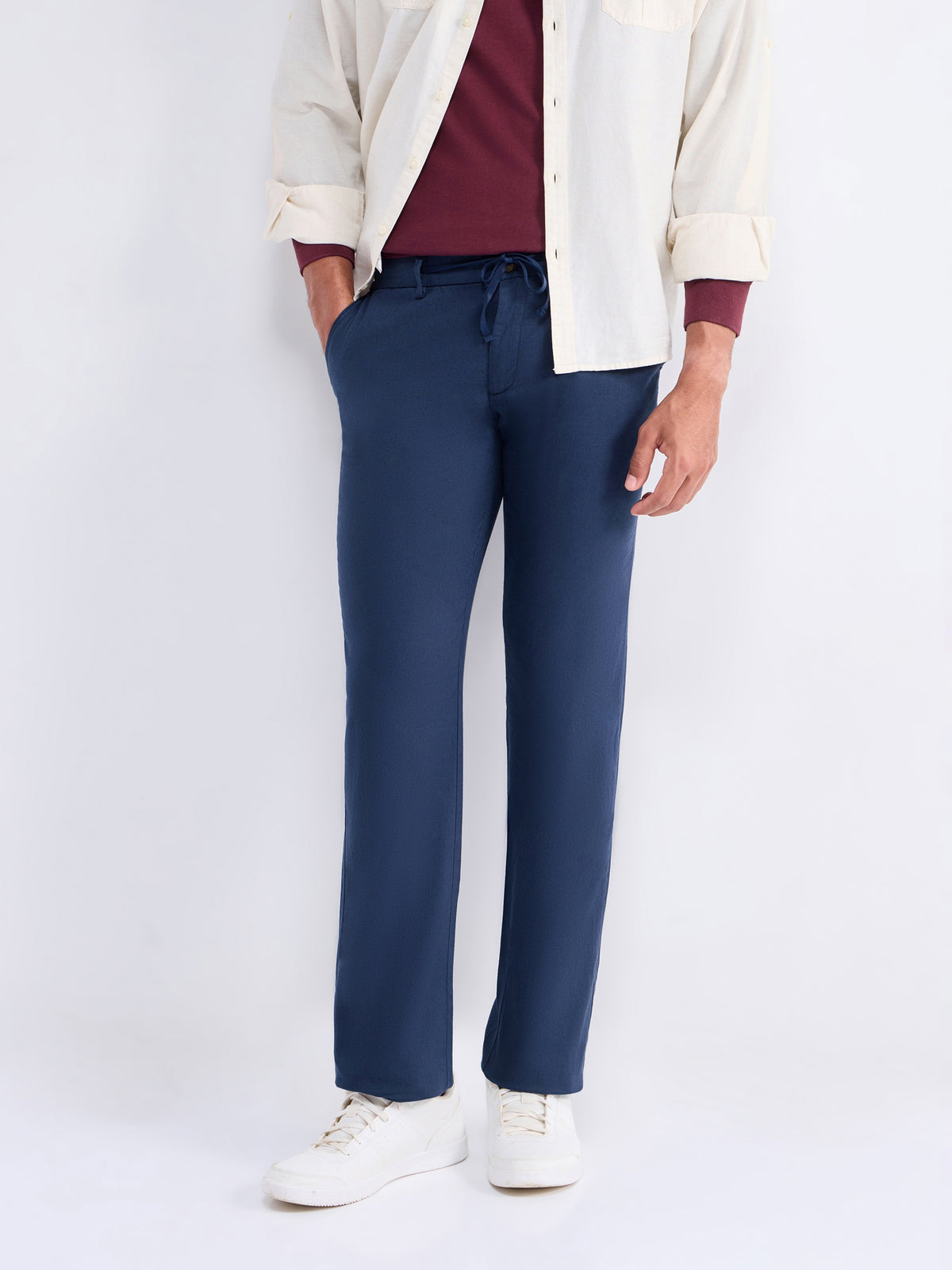 Regular Fit Cotton Linen Trouser - Navy t4option_1