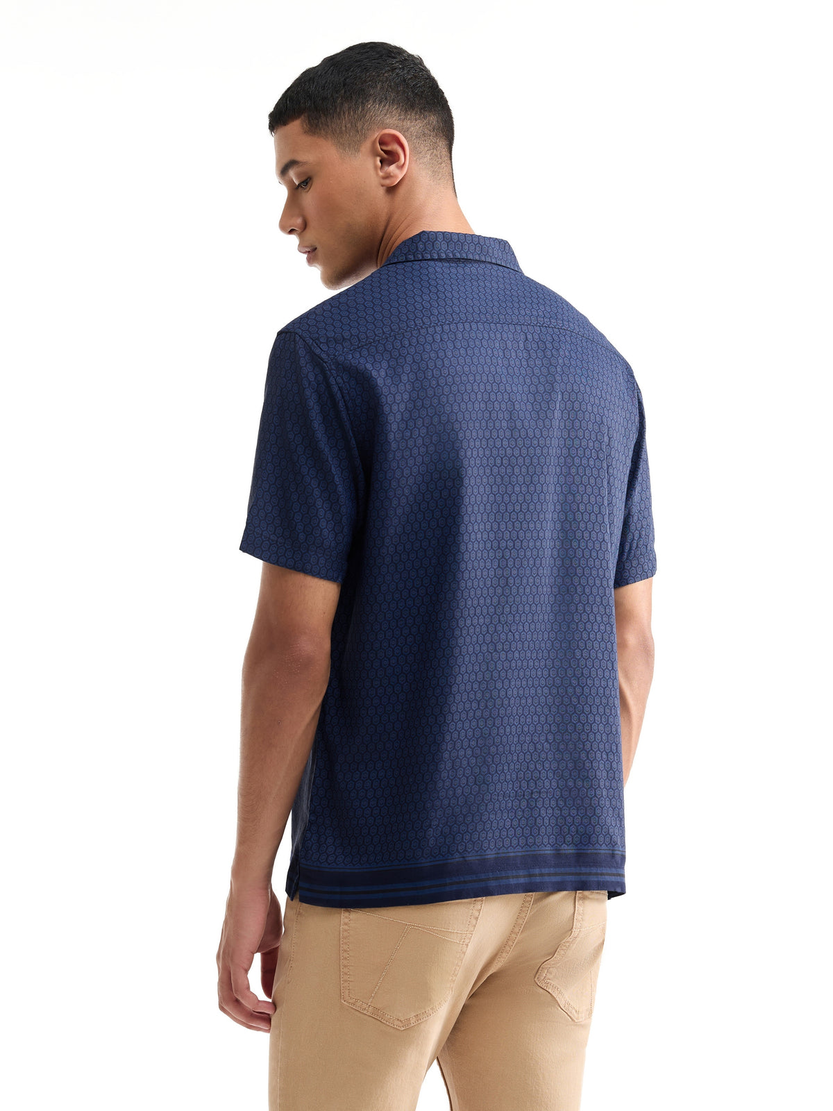 Printed Half Sleeve Viscose Linen Shirt - Navy t4option_0