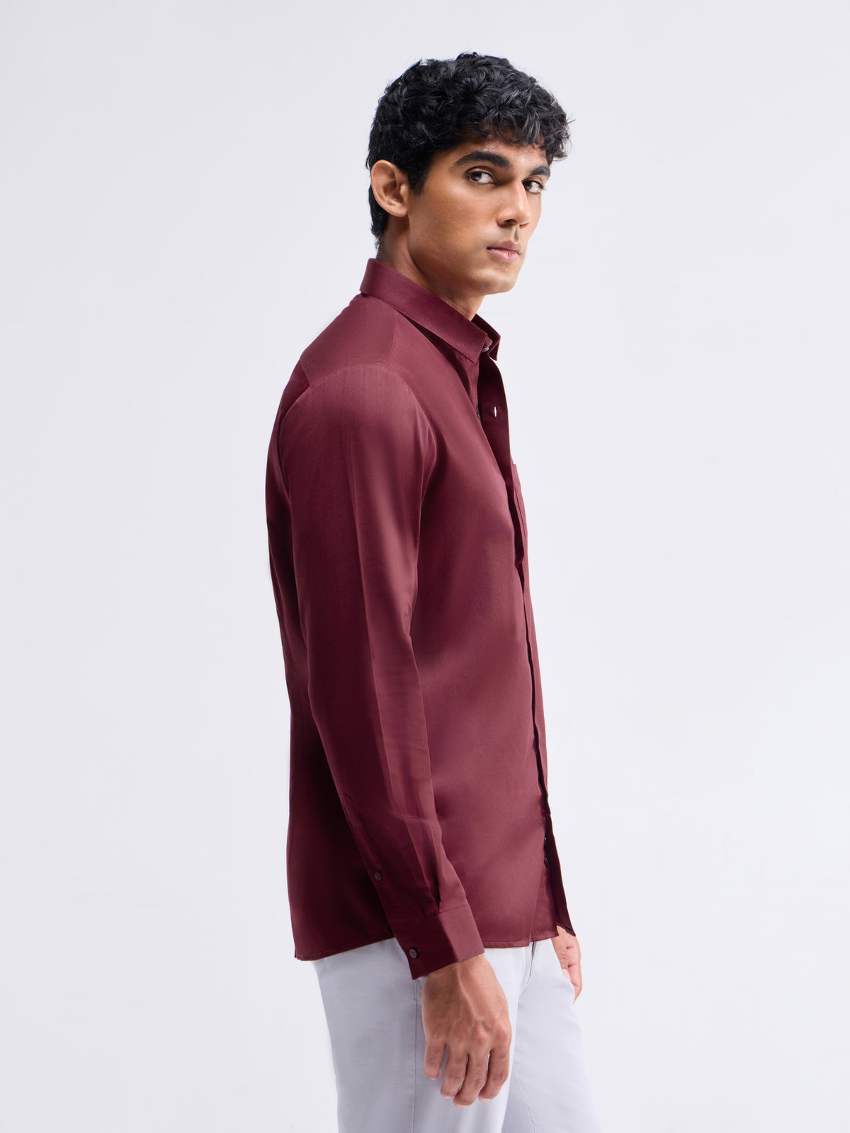 Solid Full Sleeve Cotton Stretch Shirt - Maroon t4option_0
