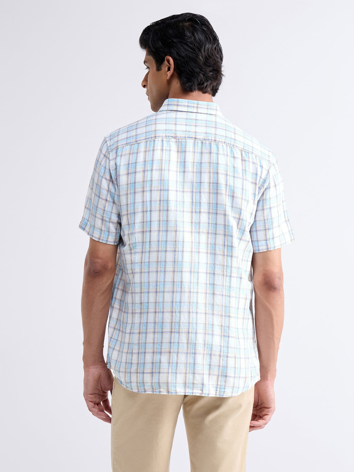 Check Half Sleeve Cotton Linen Shirt - Khaki t4option_0