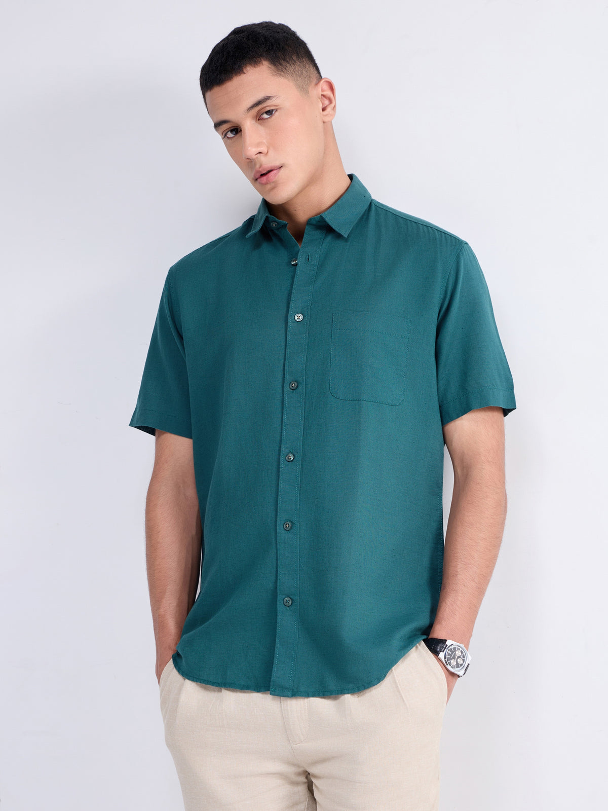 Solid Half Sleeve Cotton Linen Shirt - Pine t4option_2