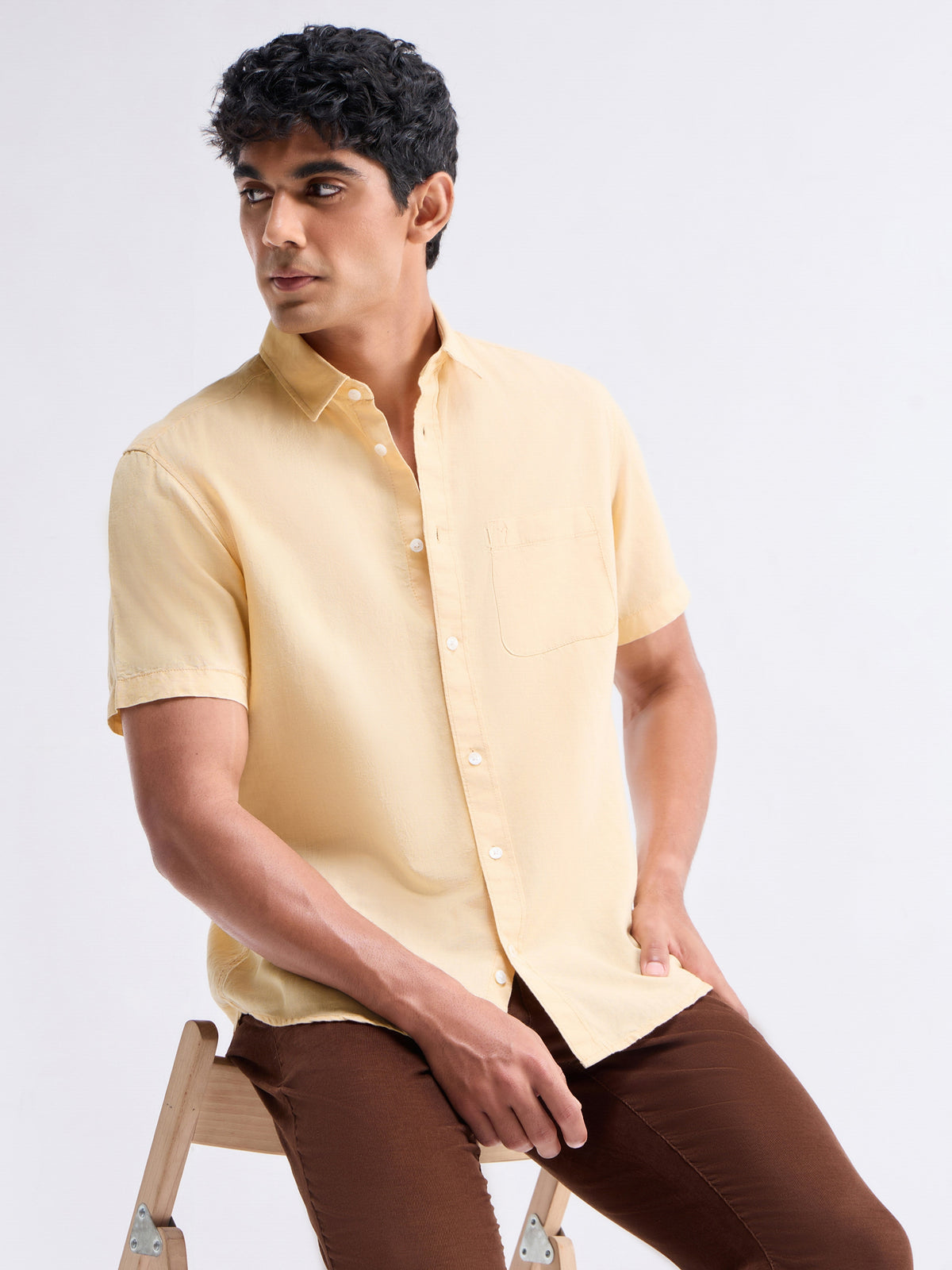 Solid Half Sleeve Cotton Linen Shirt - Khaki t4option_1