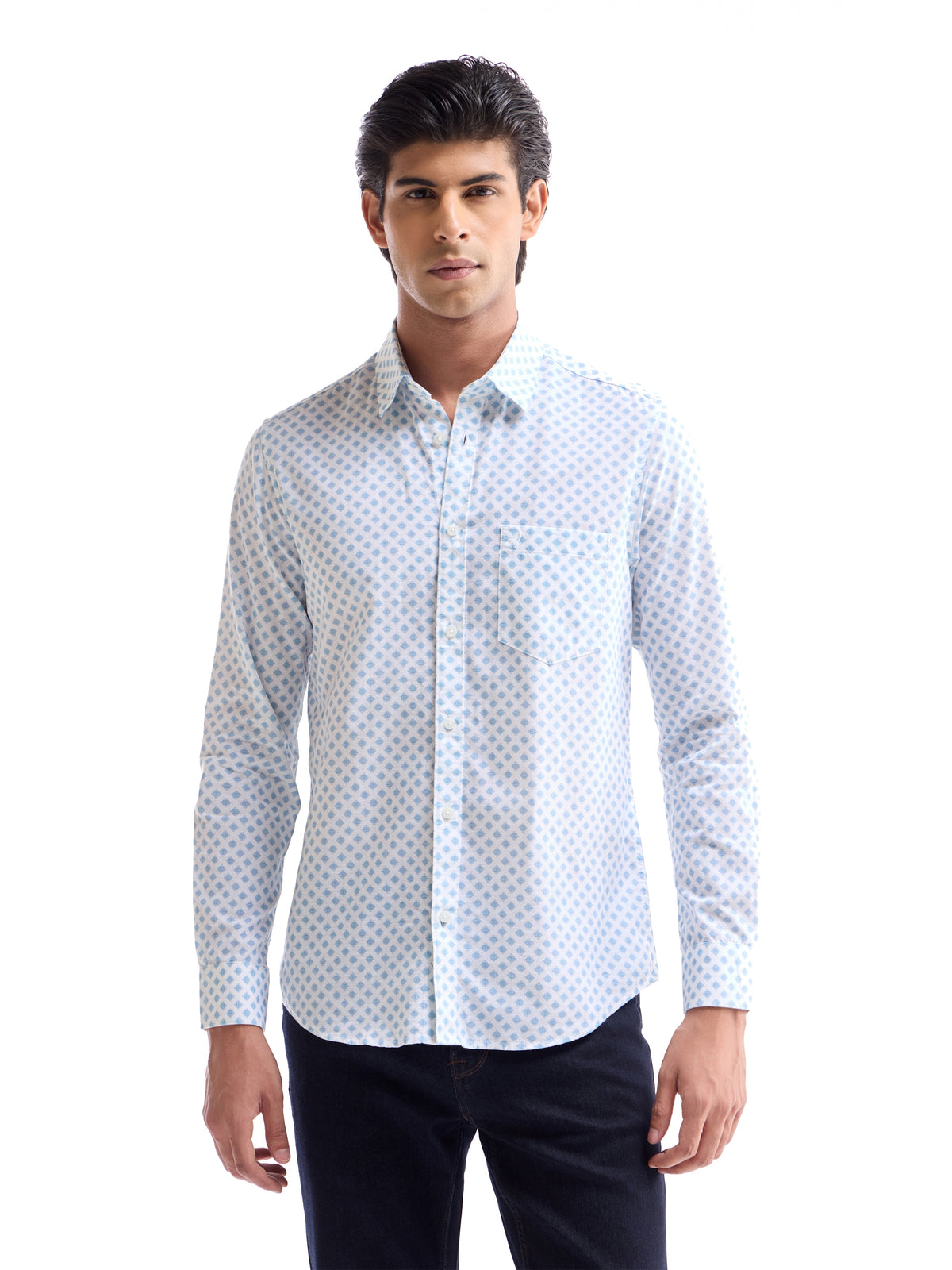 Printed Full Sleeve Cotton Linen Shirt - Sky t4option_1