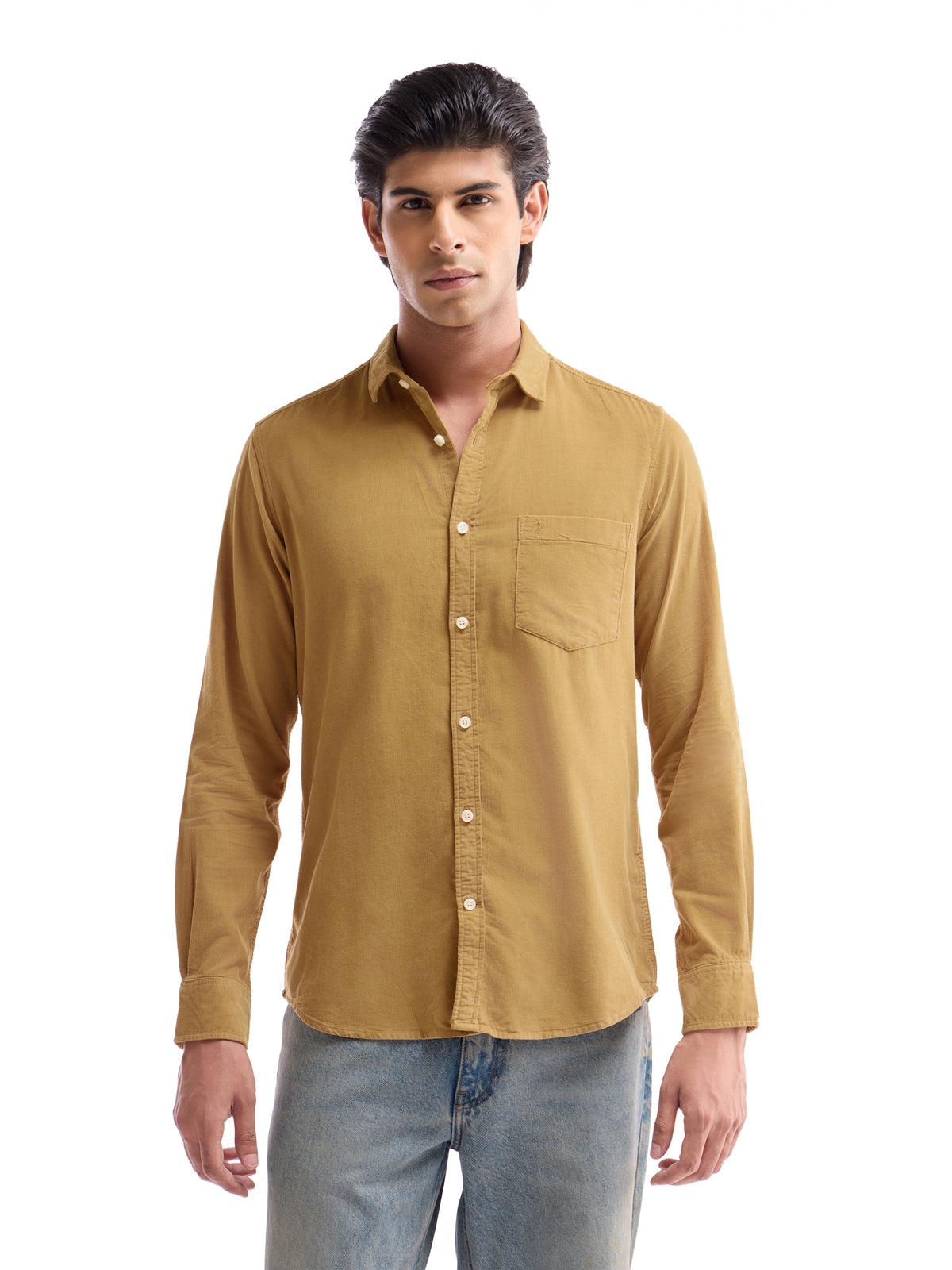 Solid Full Sleeve Cotton Tencel Shirt - Gold t4option_4
