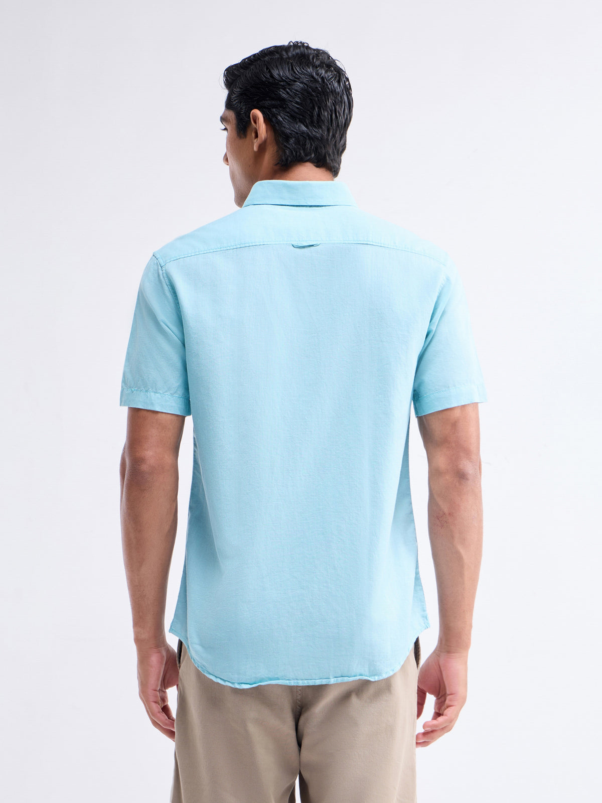 Solid Half Sleeve Cotton Linen Shirt - Aqua t4option_0