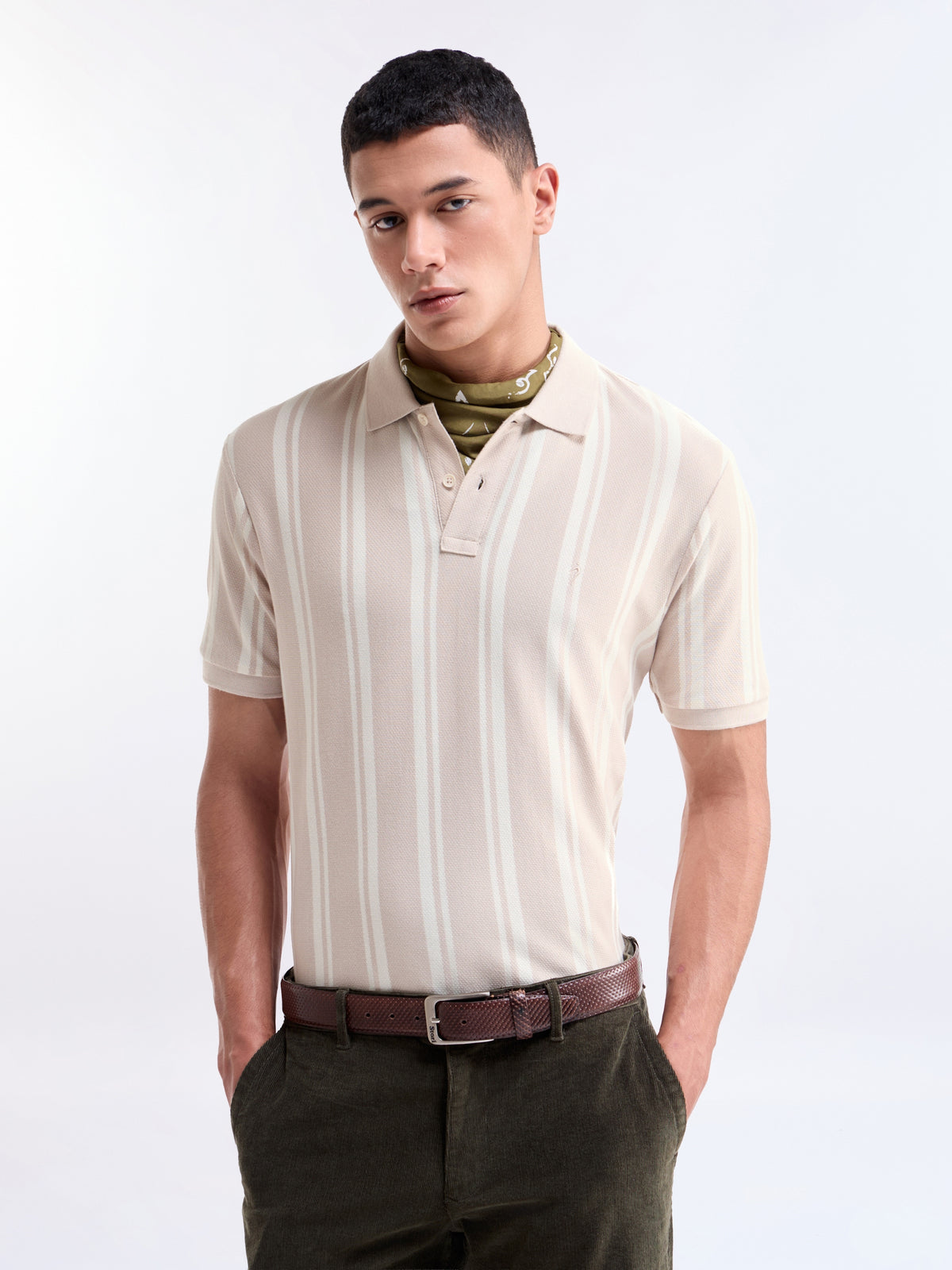 Striped Half Sleeve Regular Fit Polo T-Shirt - Beige t4option_0