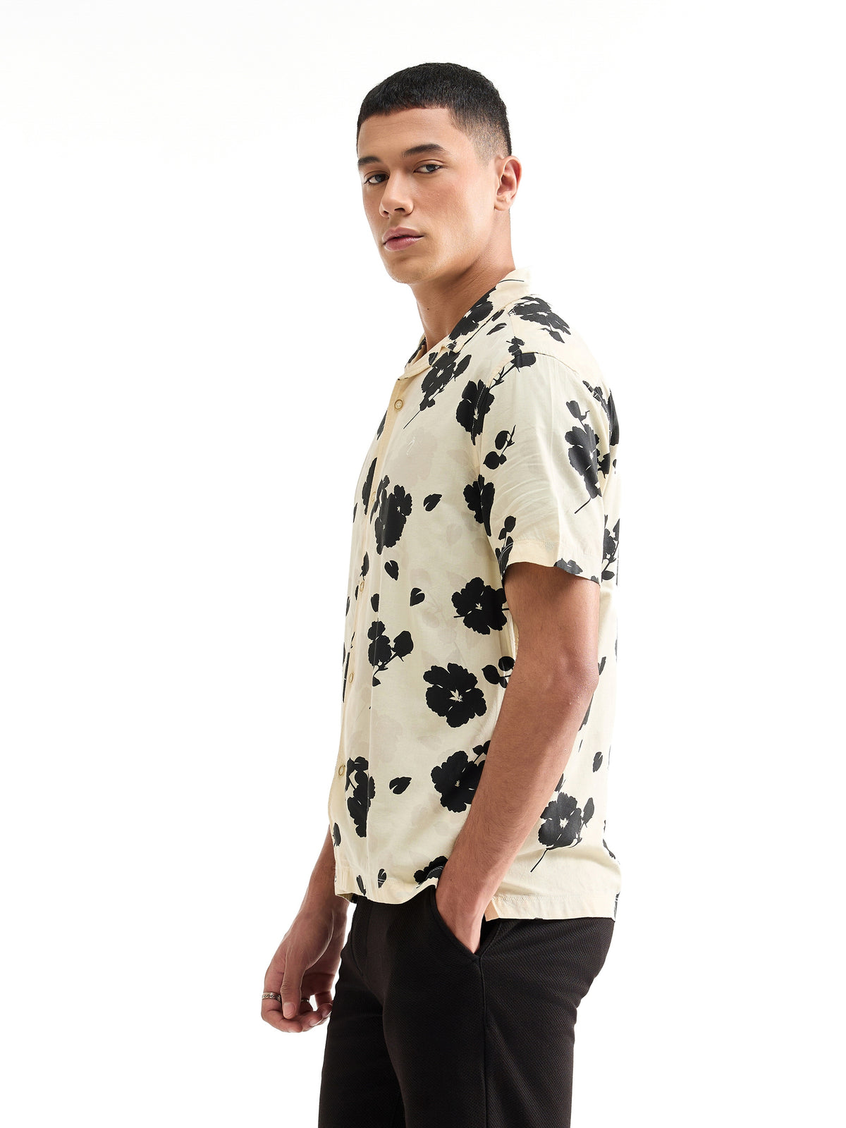 Printed Half Sleeve Cotton Viscose Shirt - Beige t4option_0
