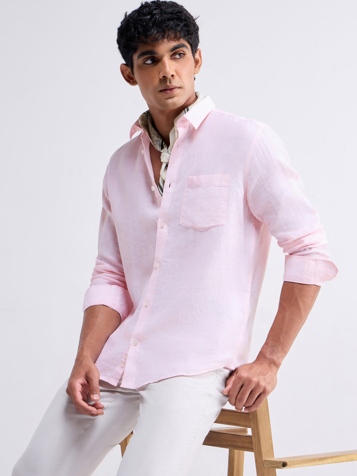 Solid Full Sleeve Linen Shirt - Pink t4option_3