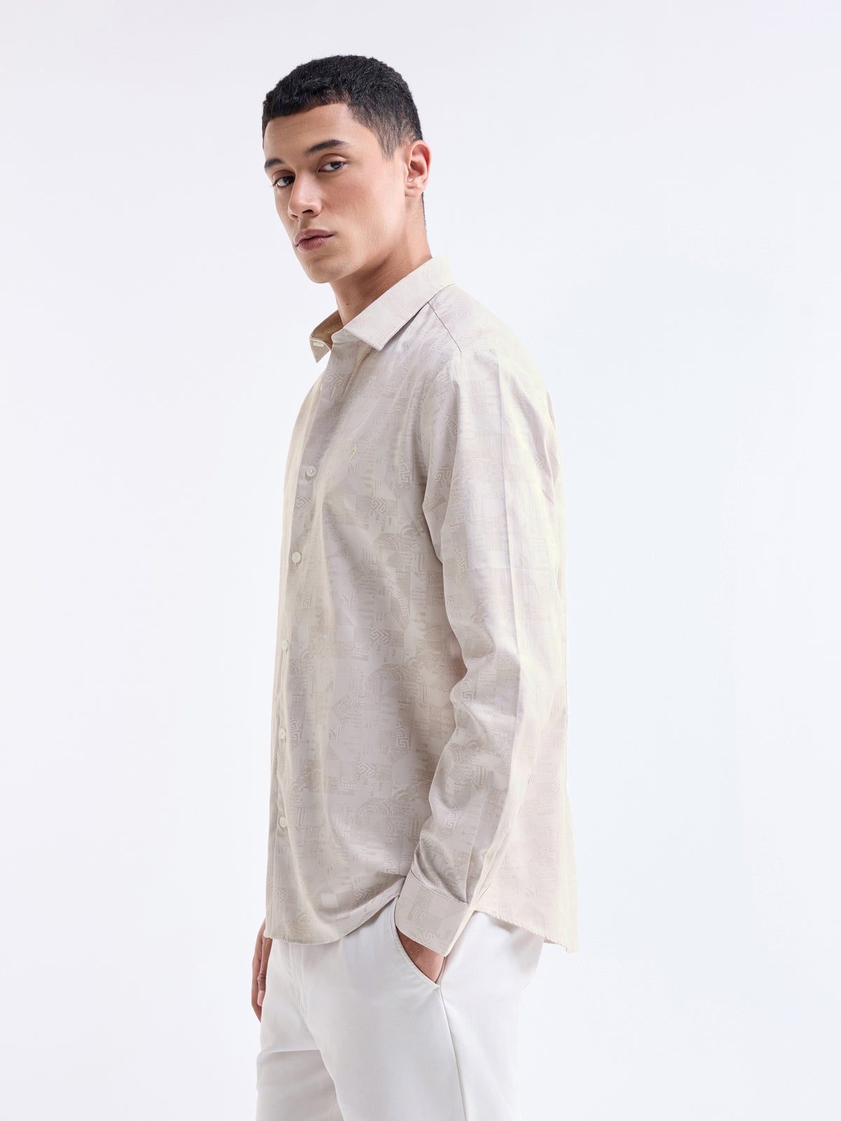 Jacquard Full Sleeve Cotton Shirt - Ecru t4option_0