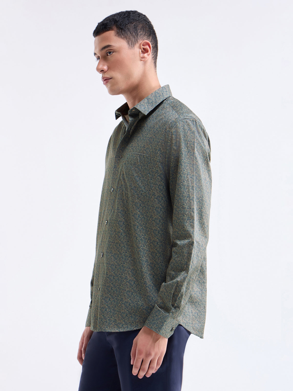 Printed Full Sleeve Cotton Shirt - Pine t4option_0
