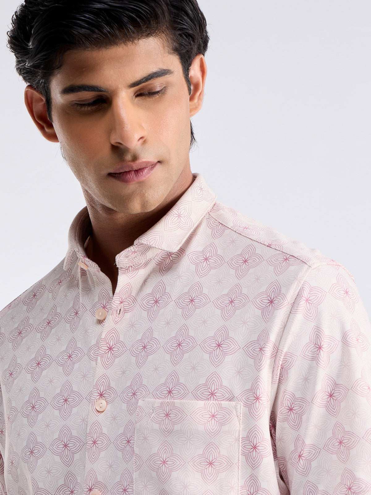 Printed Half Sleeve Cotton Shirt - Ecru t4option_1