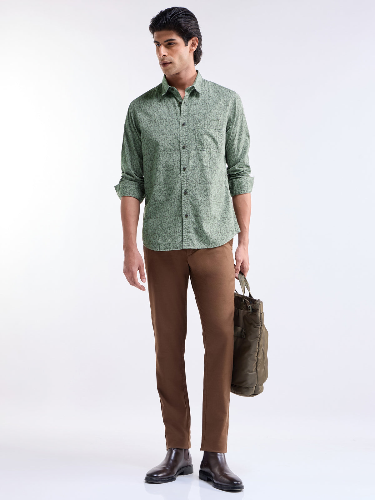 Printed Full Sleeve Cotton Shirt - Olive t4option_1