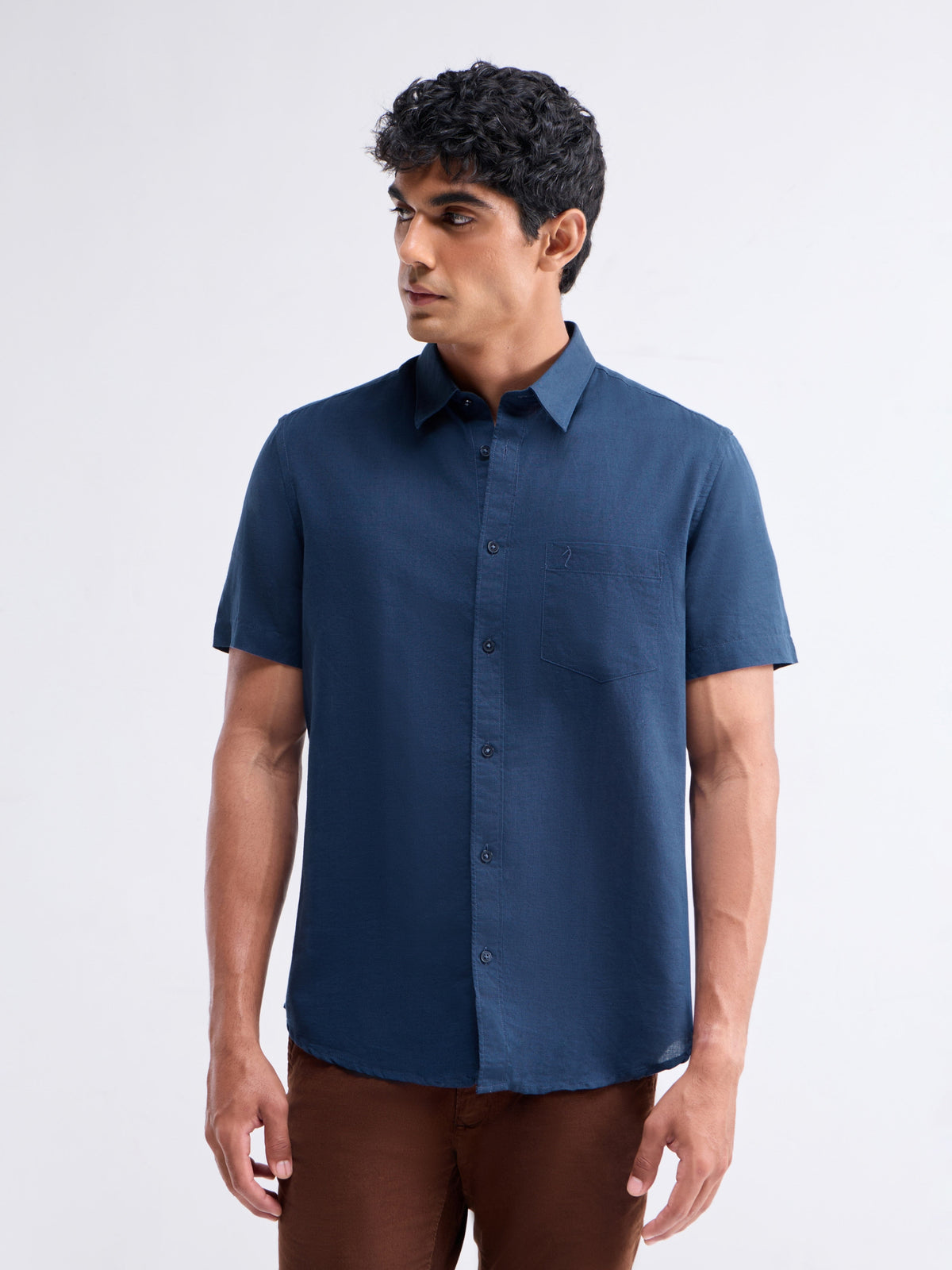 Solid Half Sleeve Cotton Blend Shirt - Navy t4option_0